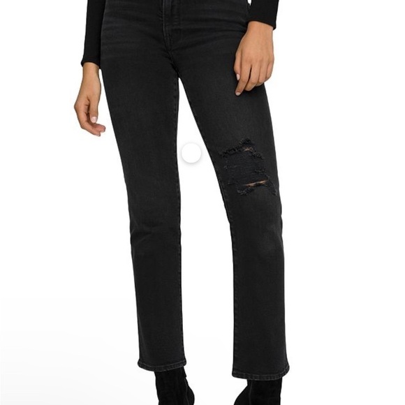 GOOD AMERICAN Black Good Classic Ripped High Waist Straight Leg Jeans Size 24 - Picture 1 of 11